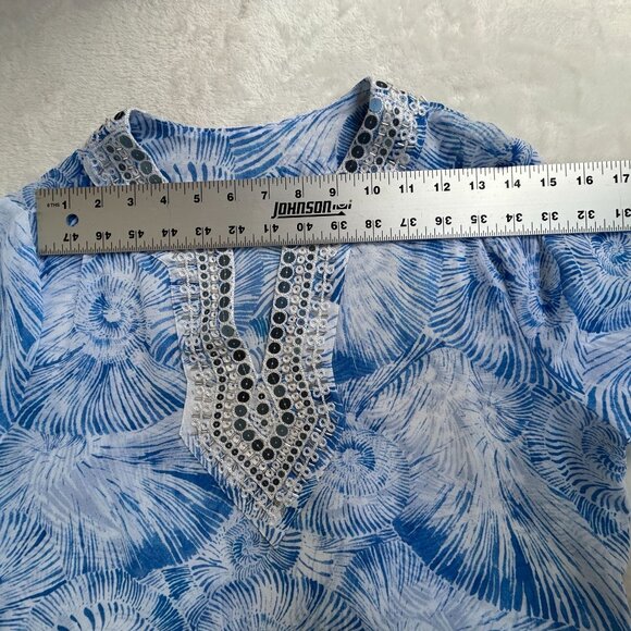 Chico's Womens Blue Shell Print Embellished V-Neck 3/4 Sleeve Tunic Top Size 0 - Picture 5 of 7